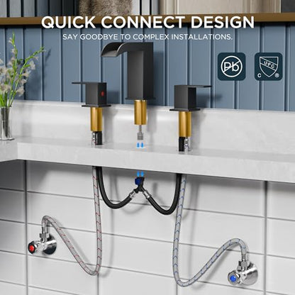 QFN Waterfall Bathroom Faucet 3 Hole 8 inch Widespread Matte Black 2 Handle | Bathroom Sink Faucet Lead-Free with Pop-up Drain and Supply Lines, Fits 4-12 Inch 3 Hole Install, for Vanity Laundry Restroom - color: Matte Black, style: Waterfall