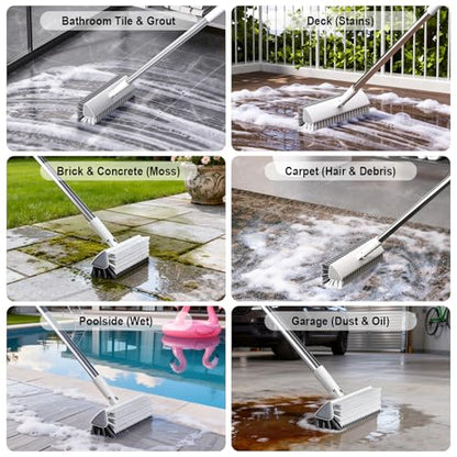 Floor Scrub Brush with Long Handle, Heavy-Duty Stiff Bristles, V-Shape Floor Scrubber Brush for Tile, Concrete & Grout Lines, Stand-Up Cleaning for Garage, Bathroom, Deck & Patio