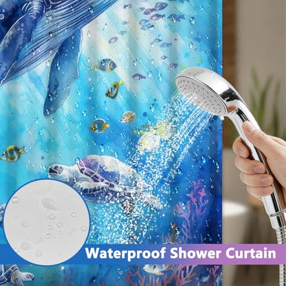 Ocean No Hook Shower Curtain and Liner Set, Whale and Turtles Design Shower Curtain with Snap in Liner and Weighted Hem, 71x74 Inch Heavy Duty Waterproof Fabric Sheer Top Shower Curtain for Bathroom - color: Whales and Turtles