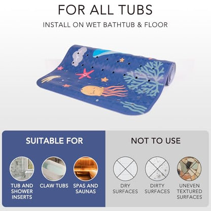 PRATIQUE Kids Bath Mat for Tub Non Slip，40 X 16 Inch Extra Long Kids Bathtub Mat Ocean Bathtub Shower Mat Safety Anti Slip with Suction Cups and Drain Holes, Machine Washable(Dark Bule Whale) - color: Bule