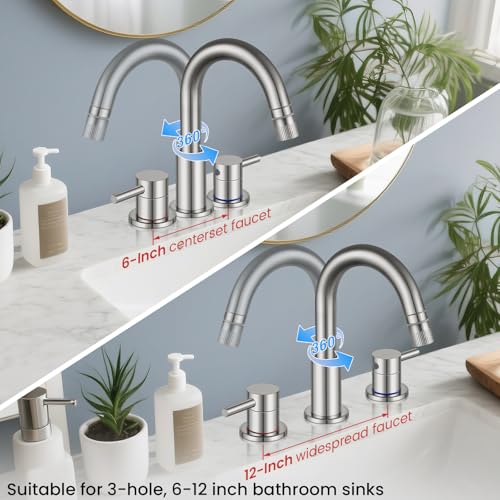 Bathroom Sink Faucet 3 Hole with Pull Down Sprayer, Brushed Nickel | Lead-free stainless steel, pop-up drain, 2-handle, 360°swivel, 8-inch widespread Faucet for RV/vanity sink, 3-hole mount - color: 2-Brushed Nickel, style: 8 Inch Pull Down