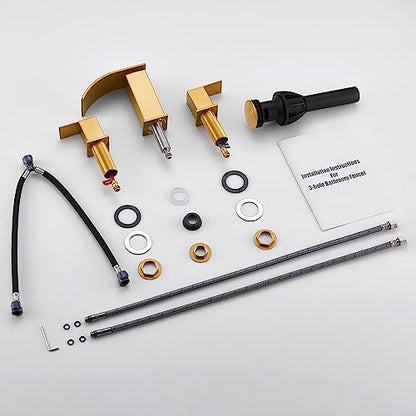 Gold Waterfall Bathroom Faucet 3 Holes - 8Inch Widespread Bathroom Sink Faucet | Two Handles Lavatory Vanity Sink Faucets with Pop-up Drain Assembly & Supply Lines Brushed Gold - color: A-Brushed Gold 8In