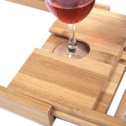 Bamboo Bathtub Caddy Tray Expandable for Luxury Bath, Bathtub Tray with Wine Glass Holder, Phone Stand and Book Holder, Adjustable Bath Tub Organizer Tray for Bathroom