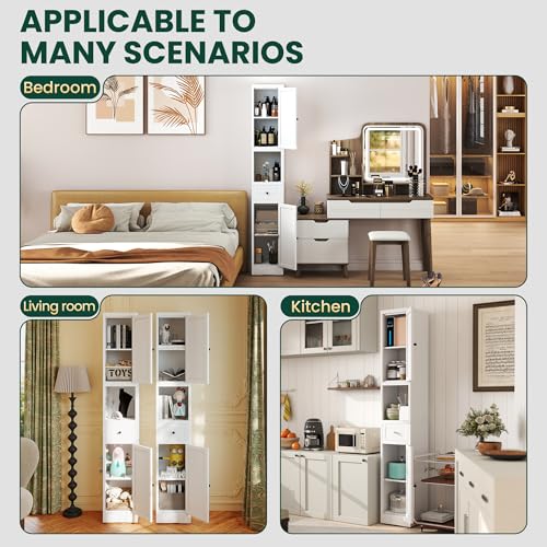 Tall Metal Bathroom Cabinet, 71" Tall Slim Freestanding Locker with 2 Door & 1 Drawer, Narrow Storage Cabinet with Adjustable Shelves, for Small Spaces, Bathroom, Living Room, Modern - White - color: White