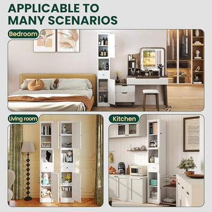 Tall Metal Bathroom Cabinet, 71" Tall Slim Freestanding Locker with 2 Door & 1 Drawer, Narrow Storage Cabinet with Adjustable Shelves, for Small Spaces, Bathroom, Living Room, Modern - White - color: White