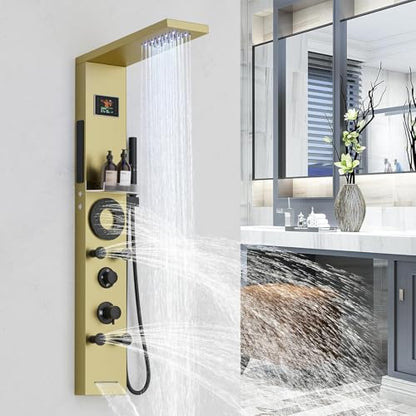 RUMOSE Brushed Gold Shower Panel Tower System, 5-Mode Shower Faucet Set | LED Light Rainfall Shower Head Digital Display with Massage Jets Tub Spout Shower Shelves, Stainless Steel, Wall Mount - color: Brushed Gold