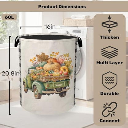 Fall Pumpkin Truck Large Clothes Hamper Bag - Laundry Basket with Handles, Space Saving Foldable Design for Nursery - color: Fall Pumpkin Truck