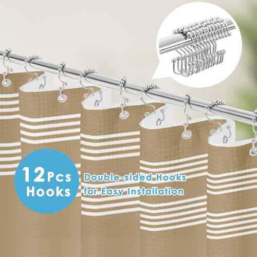 3 in 1 Shower Curtain and Liner,72 x 72 inch, Striped Geometric | Neutral Beige Modern Double Layers Waterproof Fabric with See Through Top Window Open Grommet Bath Curtain - color: Beige Striped Geometric