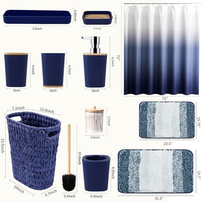 XLHOMO Navy Blue Bathroom Accessories Set with Wicker Trash Can Shower Curtain and Rugs,Bathroom Sets Small Waste Basket Bathroom Trash Can for Bedroom Bathroom - size: Wicker Bathroom Set+Shower Curtain+Bath Rugs, style: Navy Blue