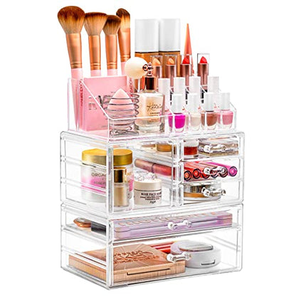 Sorbus Large Clear Makeup Organizer - Detachable 3-Piece Jewelry & Make Up Organizers and Storage Set - Spacious Cosmetic Display Tower - Makeup Organizer for Vanity, Bathroom, Dresser & Countertop - style: Modular Case