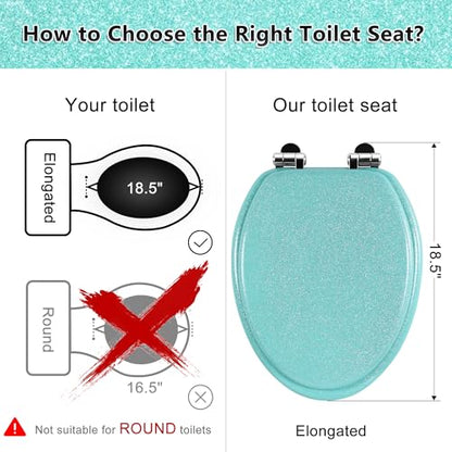 Angol Shiold Glitter Toilet Seat Molded Wood Elongated Toilet Seat with Quietly Close and Quick Release Hinges, Easy to Clean also Easy to Install (Elongated 18.5'', Green) - color: Green, size: Elongated 18.5‘’