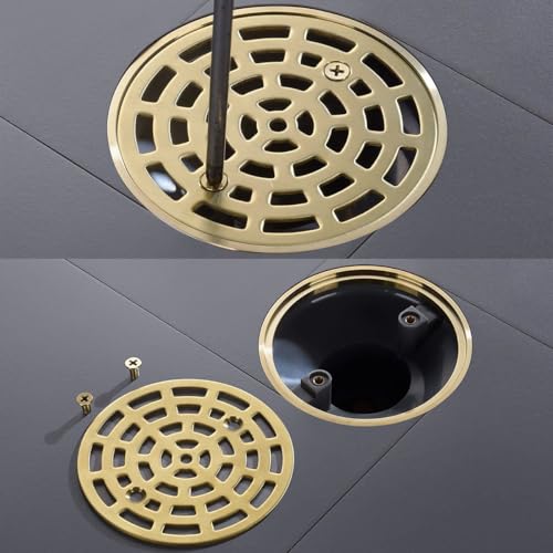 RANDOM Round Shower Drain SUS304 Stainless Steel Brushed Gold Shower Drain 4 inch with Adjustable PVC Base Flange,Shower Floor Drain with Removable Cover Grid Grate - color: A-brushed Gold-4″ Round With Base Flange