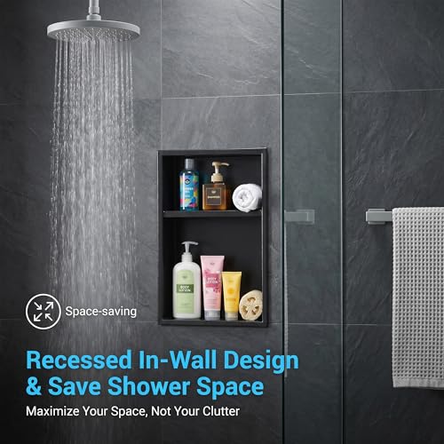 304 Stainless Steel Shower Niche 12” x 18” for Bathroom Storage | Matte Black Recessed Shower Niche No Tile Needed with 2-Tier Shelves for Bathroom Space Saving - size: 12 x 18 inch