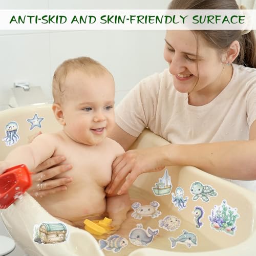 Bathtub Non-Slip Stickers for Shower - 20 PCS Bathroom Large Cute Sea Creature Anti-Slip Grips Stickers with Scraper for Kids Bath Tub and Slippery Floor Decor