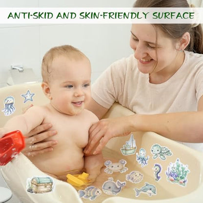 Bathtub Non-Slip Stickers for Shower - 20 PCS Bathroom Large Cute Sea Creature Anti-Slip Grips Stickers with Scraper for Kids Bath Tub and Slippery Floor Decor