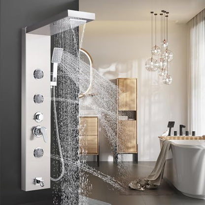 AlenArt Shower Panel Massage Jets Rainfall Waterfall Shower Head, Shower Stainless Steel Wall Mount Massage Multi-Function Bathroom Shower Panel Tower System, Brushed Nickel…… - color: Brushed Nickel
