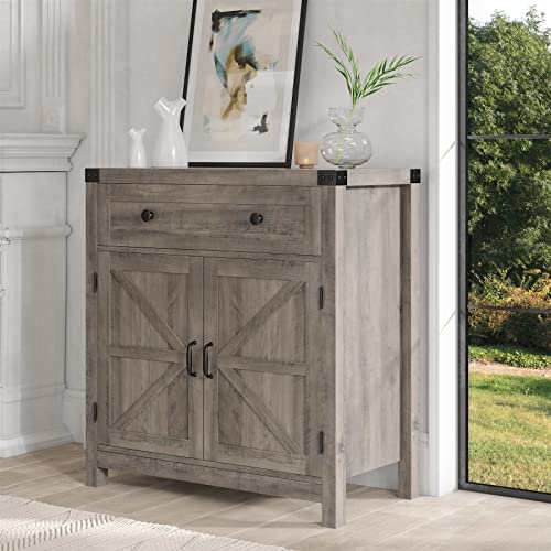 HOSTACK Kitchen Storage Cabinet, Farmhouse Coffee Bar Cabinet, Ash Gray | Small Buffet Cabinet with Doors & Wide Drawer, Wood Sideboard Buffet, Entry Table w/ Adjustable Shelf for Dining Living Room - color: Ash Grey