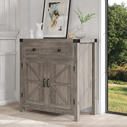 HOSTACK Kitchen Storage Cabinet, Farmhouse Coffee Bar Cabinet, Ash Gray | Small Buffet Cabinet with Doors & Wide Drawer, Wood Sideboard Buffet, Entry Table w/ Adjustable Shelf for Dining Living Room - color: Ash Grey