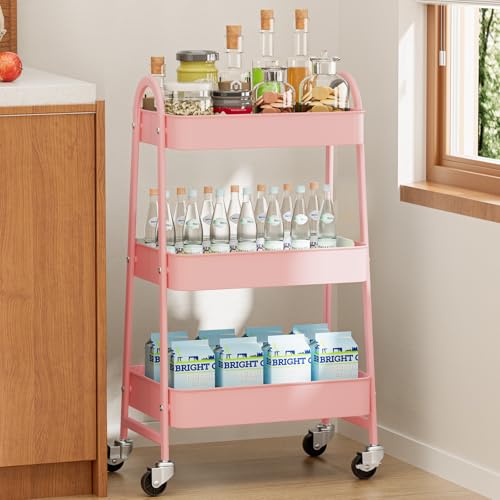 NEWBULIG 3-Tier Metal Rolling Storage Utility Cart with Lockable Wheels | Mobile Organizer Shelf, Space-Saving, Freestanding, Bathroom, Living Room, Slim, Narrow Corner Spaces, Pink - color: Pink, size: 3-Tiers