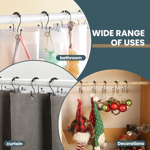 Shower Curtain Hooks, OEH Shower Curtain Rings, Black Shower Curtain Hooks Rust Proof, Smooth Gliding Metal Shower Curtain Rings Rust Proof, Double Shower Rings for Curtain, 12 Pcs, Black - color: Black, size: Classic Double Hooks