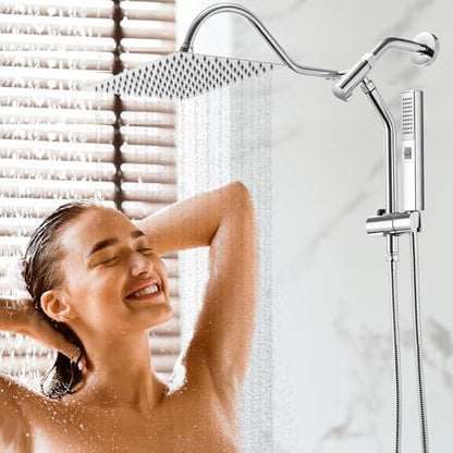 Rain Shower Head, 12 * 8 Inch Rectangular Shower Head with Handheld Spray, Rainfall Dual Showerhead Set with Adjustable Slide Bar, 77" Hose, Curved Extension Arm, Chrome, 1.8 GPM, DOE & CEC Certified
