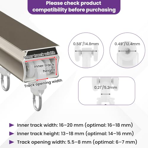 50 Pcs Curtain Glider Track Rail Runners, Heavy Duty Mute Wheel Curtain Glider Hooks with Dual Rollers for Universal Ceiling Drapes Room Dividers Shower Curtains Window Treatments