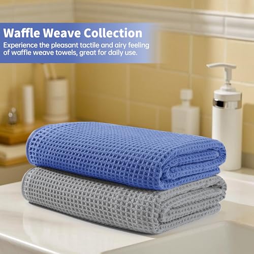 MICROFI New Microfiber Waffle Bath Towels, 2 Pieces, Soft, Absorbent, Fast Drying, Lint Free 430 GSM (30''x60''/76cm x 152cm) - color: Silver+dark Blue