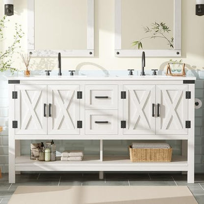 AMERLIFE 60" White Farmhouse Double Sink Bathroom Vanity, Solid White Top | Antique White, Solid White Integrated Top, Moisture-Resistant MDF, 4 X-Panel Doors, 2 Drawers, Open Shelf, Paper Towel Holder - color: Antique White, size: 60”