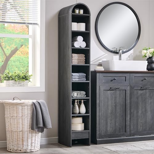 IFBUY 67" Tall Arched Bathroom Storage Cabinet, 8-Tier Modern Farmhouse Storage Cabinet with Adjustable Shelves, Wood Freestanding Cabinet for Bathroom, Living Room, Entryway, Hallway (Dark Grey) - color: Dark Grey, size: 67" Tall 8-Tiers(Narrow)