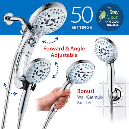 AquaCare 50-mode High Pressure Shower Head Combo with Arm & Dual Power Wash | Hygienic Jets, 2-mode Handheld Power Wash for Tub, Tile & Pets, Long 6 ft. Stainless Steel Hose, Extra Wall Bracket / Chrome - color: All-Chrome, style: 1.8 Gallons Per Minute