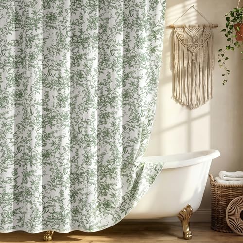 Farmhouse Sage Green Floral Shower Curtain with 12 Clear Rings, White Fabric Shower Curtain Set, Vintage Cottagecore Shower Curtain for Bathroom 72" W x 72" L - color: Sage Green-white Base, size: 72"W x 72"L (Pack of 1)