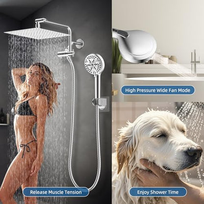 12" Metal Rainfall Shower Head with 10-Mode Handheld, Chrome | NSF/ANSI/CAN 372 Certified, High Pressure Showerhead Combo with 11" Adjustable Shower Arm, 71" Hose, Shower Head Holder - color: Chrome, style: Square 12"