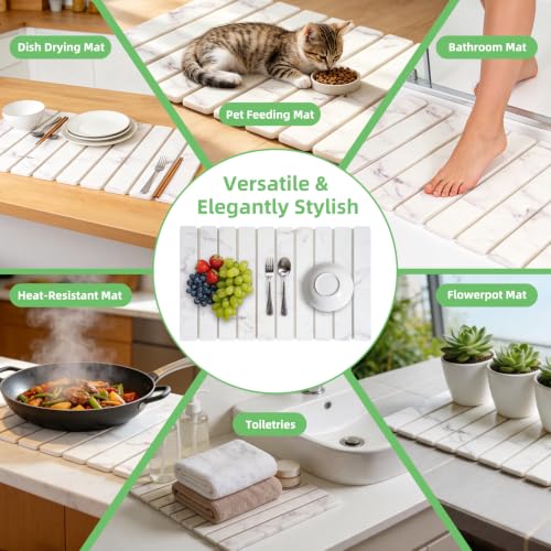 Large Stone Dish Drying Mat for Kitchen Counter, 24"×16" Foldable Quick Drying Mat, Absorbent Diatomaceous Earth Drying Mat for Bottles Cups Dishes, Match Any Countertop (White Marble, 24" x 16") - color: White Marble