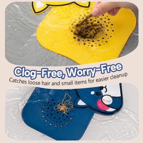 2-Pack Square Shower Drain Hair Catcher for Bathtub and Shower | Khaki thick silicone, cartoon animal design, reusable hair stopper for floor drains, kitchen laundry room utility use - color: Blue