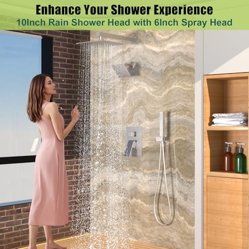 Enga Shower Faucet Set Shower System, Dual Shower Heads 10'' Rainfall with 6'' Wall Shower Head, 2 in 1 Handheld Spray with Valve Kit, Brushed Nickel - color: Brushed Nickel, style: Wall-10"+6" Head