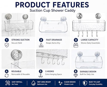 HOME&I Suction Cup Shower Caddy with Twist-to-Lock Mount, Drill-Free Bathroom Organizer for Toothbrush, Toothpaste & Razor, Self-Draining Storage Rack with 5 Hooks - size: Shower Caddy – 1 Pack