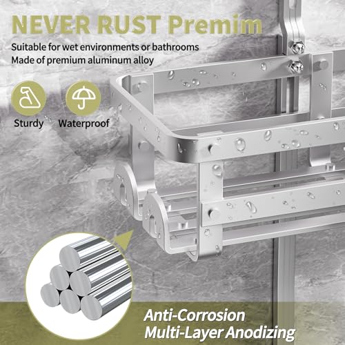 Aluminum Shower Caddy Hanging,Shower Caddy, Never Rust Shower Organizer | 4 Levels with adjustable Height 10 Hooks for Razor/Sponge - Rack with Soap Basket (Silver) - color: Silver