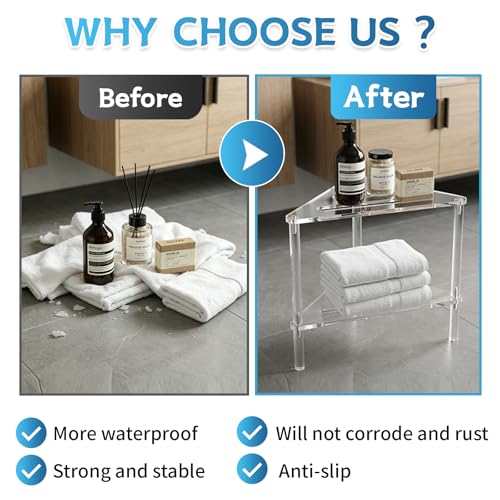 Acrylic Corner Shower Stool for Shaving Legs - Clear Triangle Shower Stool with 2-Tier Storage Shelf - Modern Bathroom Step Stool - Includes 1 Bath Sponge & 2 Shower Loofahs for Exfoliation