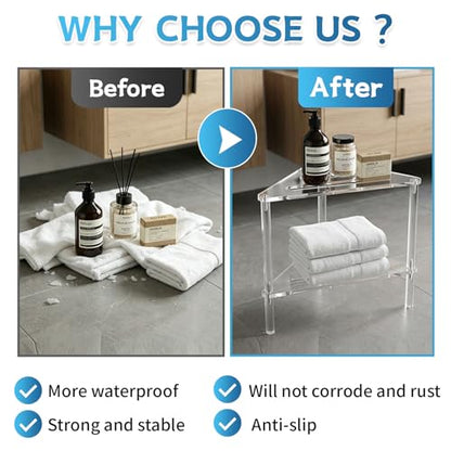 Acrylic Corner Shower Stool for Shaving Legs - Clear Triangle Shower Stool with 2-Tier Storage Shelf - Modern Bathroom Step Stool - Includes 1 Bath Sponge & 2 Shower Loofahs for Exfoliation