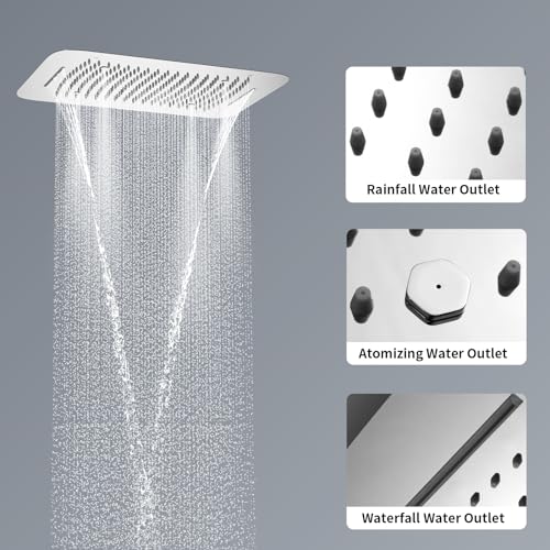 16 X 24 inch Shower Faucet Set Complete Multifunctional Shower System With 3 Function Ceiling Rainfall Shower Head Thermostatic Mixer Valve Shower Body Jet And High Pressure Handheld, Chrome - color: Chrome