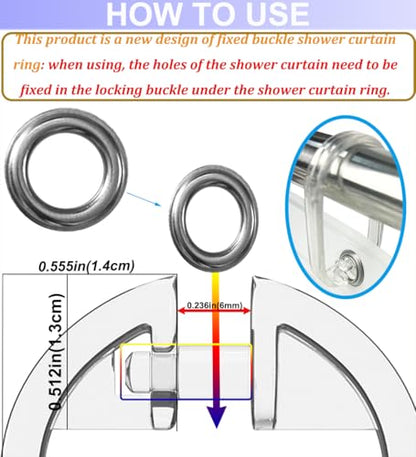 Resze 24 PCS Clear Shower Curtain Hooks with Fixed Locking Clips | Oval Anti-Slip Bath Rings,Durable Plastic Resin,Invisible Design,Rust Resistant Decorative Hooks for Bathroom,Kitchen,Bedroom