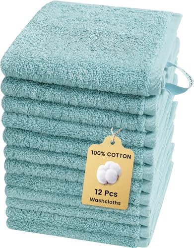 12-Pack Cotton Washcloths for Bathroom with Hanging Loops, Blue | Soft washcloths for face cleansing, shower use, guest bathrooms, and daily wash-day rotation, OEKO-TEX certified, easy care - color: A04: Blue