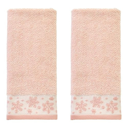 SKL Home Christmas/Winter Heather Snowflake Hand Towel Set-2pc, Blush Pink | 100% Cotton. 500 GSM. Plush & absorbent jacquard. Great for the bathroom, kitchen or bar & gifting. - color: Heather Snowflake (Blush), style: Hand Towel Set
