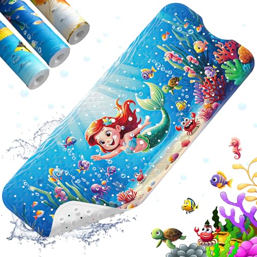 Baby Bath Mat for Tub Non Slip Kids Bath Mat - 40''x16'' Extra Long Cartoon Turtle Baby Bath Tub Mat Eco-Friendly Toddler Bath Mats with Suction Cups & Drain Holes, Easy to Clean & Easy Drying - color: Mermaid