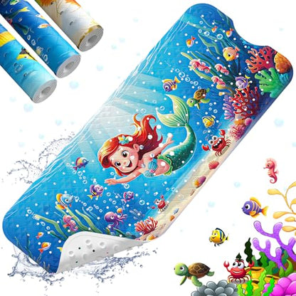 Baby Bath Mat for Tub Non Slip Kids Bath Mat - 40''x16'' Extra Long Cartoon Turtle Baby Bath Tub Mat Eco-Friendly Toddler Bath Mats with Suction Cups & Drain Holes, Easy to Clean & Easy Drying - color: Mermaid
