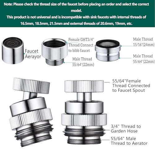 Sink Faucet Adapter Kit Swivel Aerator Adapter to Connect Garden Hose,Multi-Thread Garden Hose Adapter for Bathroom/Kitchen,3/4" GHT thread，1 pcs - color: B-Faucet adapter