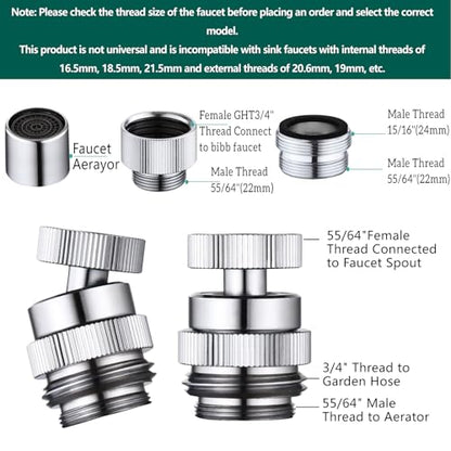 Sink Faucet Adapter Kit Swivel Aerator Adapter to Connect Garden Hose,Multi-Thread Garden Hose Adapter for Bathroom/Kitchen,3/4" GHT thread，1 pcs - color: B-Faucet adapter