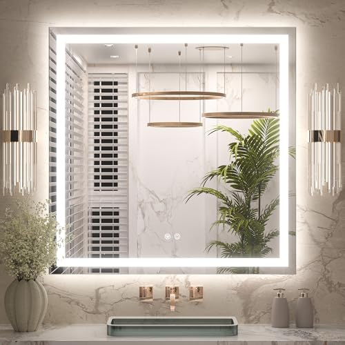 Keonjinn 36x36 Inch LED Bathroom Mirror with Lights, Frontlit & Backlit | HD Tempered Grass, 3-Color Temperature & Stepless Dimmable Lighting, Fast & Safe Defogging, Effortless Installation - size: 36"L x 36"W