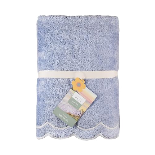 Peri Home 2 Piece Cotton Bath Towel Set, Embroidered, Blue, White Scallop - color: Blue With White Scallop, size: 2 Bath Towel