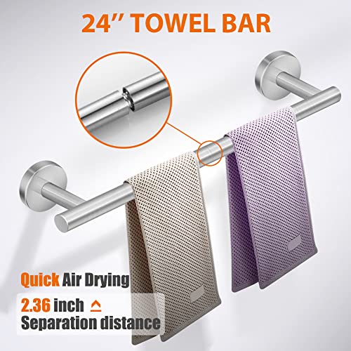 Tudoccy 5-Pieces Bathroom Hardware Set Brushed Nickel SUS304 Stainless Steel Round Wall Mounted - Includes 24" Hand Towel Bar, Toilet Paper Holder, 3 Robe Towel Hooks, Bathroom Accessories Kit | Includes hand towel bar, toilet paper holder, 3 robe hooks;